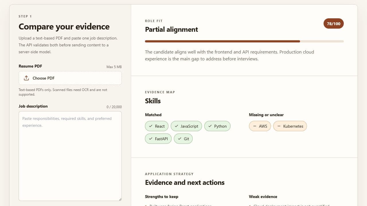 Structured AI resume analysis report with score, strengths, gaps, and recommendations.